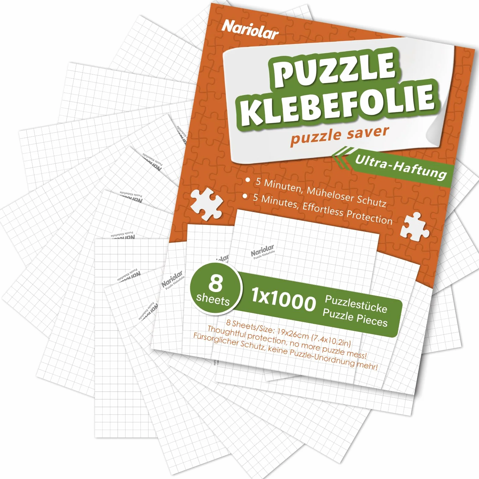 Nariolar Ultra-przyczepna folia samoprzylepna, 8 super kleju do puzzli, do uzyskania 1000 elementów puzzli i ochrony puzzli w ciągu zaledwie kilku minut
