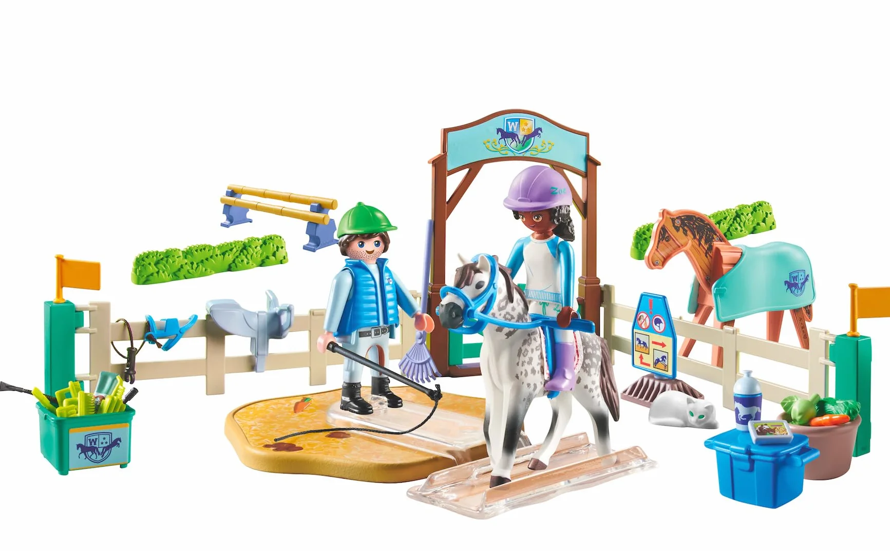 PLAYMOBIL Horses of Waterfall 71637 Nowoczesna arena jeździecka, w zestawie znajduje się ruchomy lonżownik, koń oraz różnorodne akcesoria, zestaw odpowiedni dla dzieci od 5 roku życia