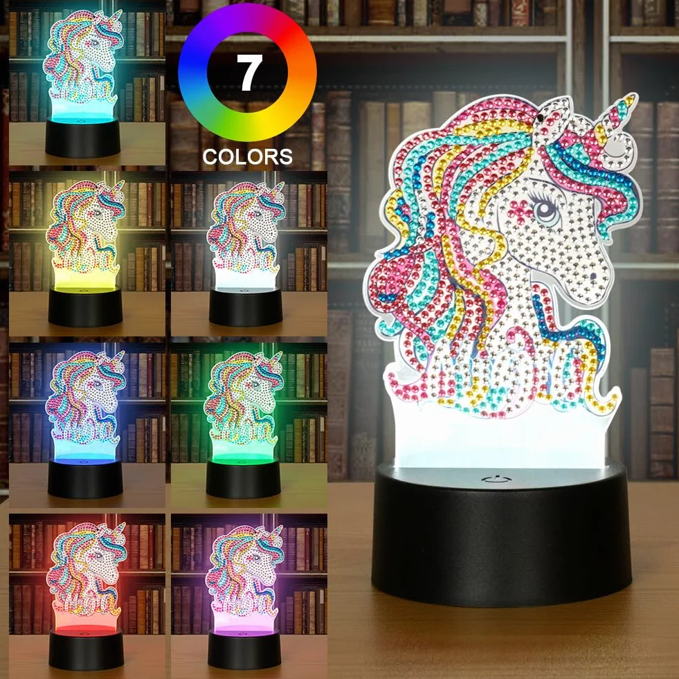 AUAUY 5D Diamentowa Lampa Malarska, Zestaw Nocnych Lampek DIY, 7 Kolorów Nocnej Lampki dla Dzieci, Jednorożec LED Kreatywne Diamentowe Malowanie dla Dziewczynek i Chłopców Dekoracja Sypialni