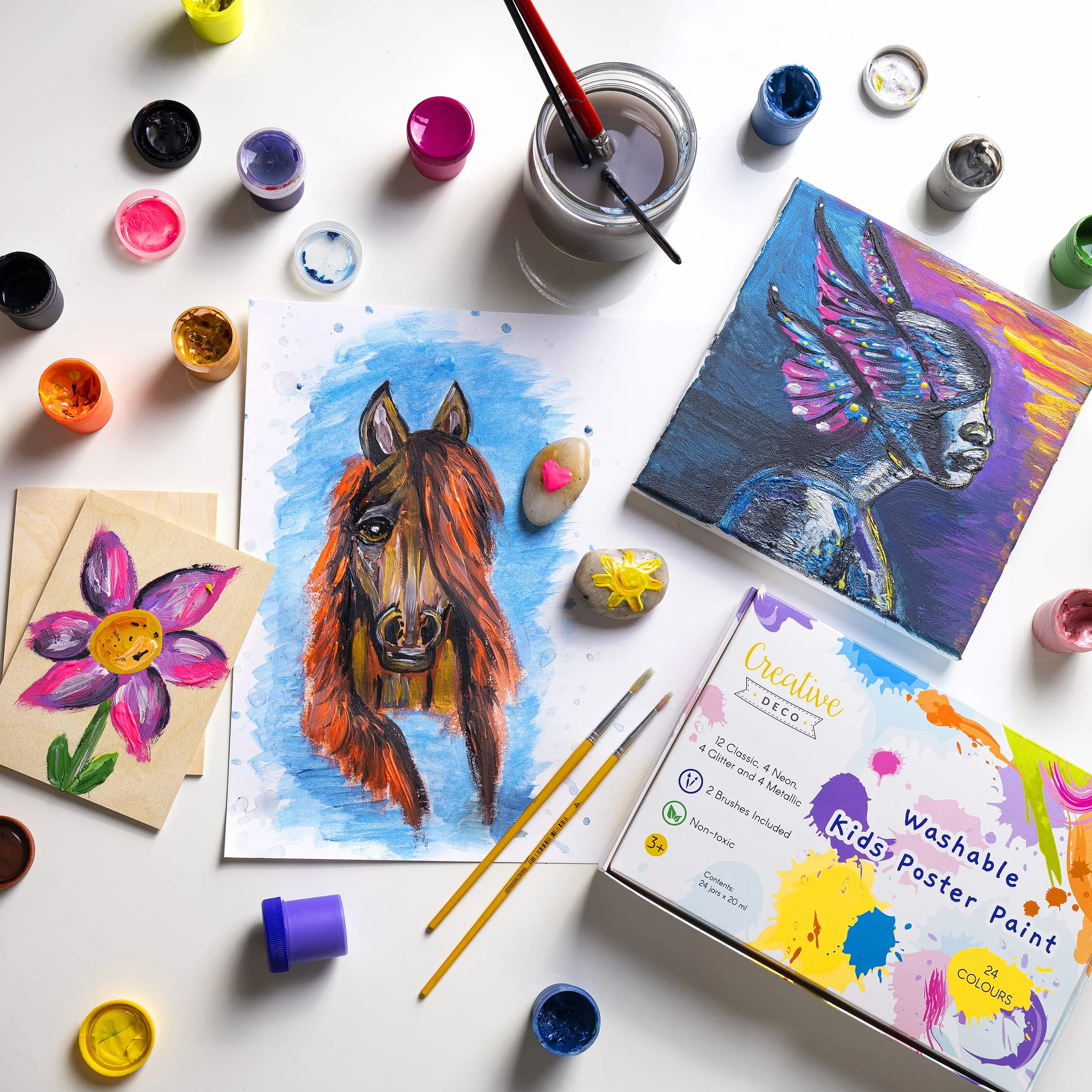 Creative Deco Zestaw Farb Plakatowych | 20 ml x 24 Kolorów | Nietoksyczne | Podstawowe, Neonowe, Brokatowe, Metaliczne i Intensywne Kolory | Idealne dla Dzieci, Studentów, Artystów, Pasjonatów Sztuki