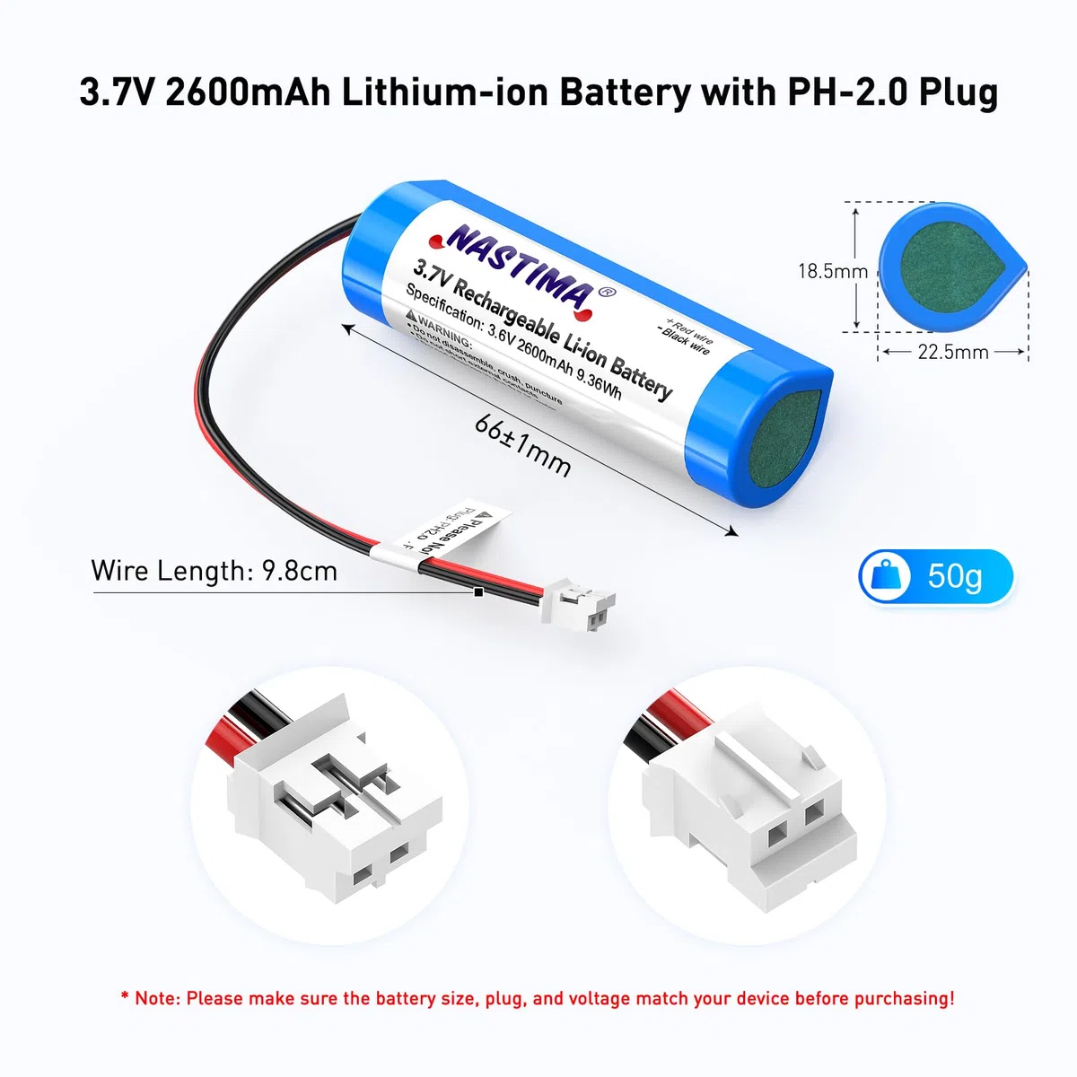 Bateria litowo-jonowa NASTIMA PH2.0/2P 3,7V 2600mAh 9,36Wh do ponownego naładowania z kablem do przełączania polaryzacji, do elektroniki DIY, wzmacniaczy mowy, zabawek RC, urządzeń Bluetooth