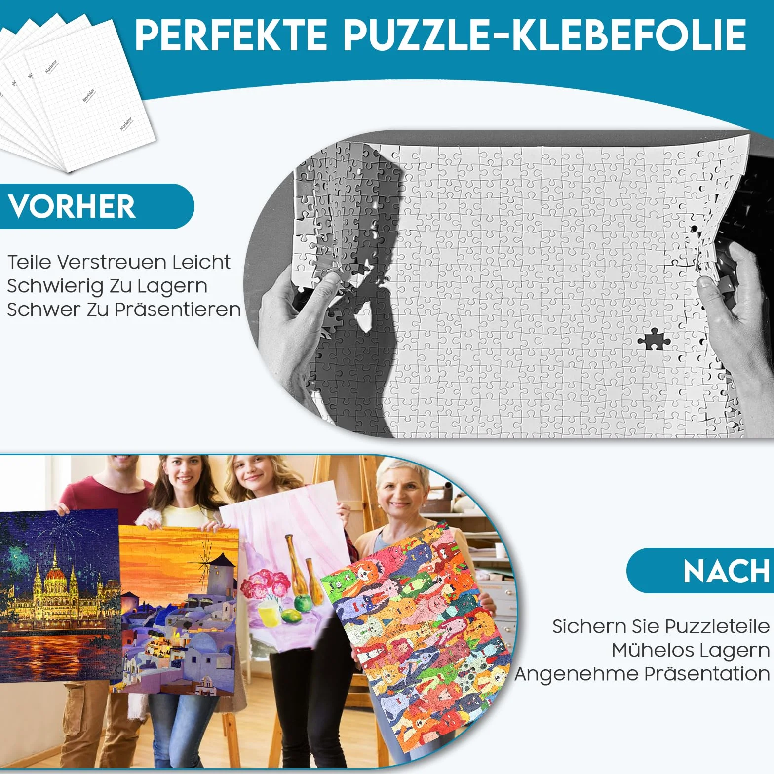 Nariolar Ultra-przyczepna folia samoprzylepna, 8 super kleju do puzzli, do uzyskania 1000 elementów puzzli i ochrony puzzli w ciągu zaledwie kilku minut