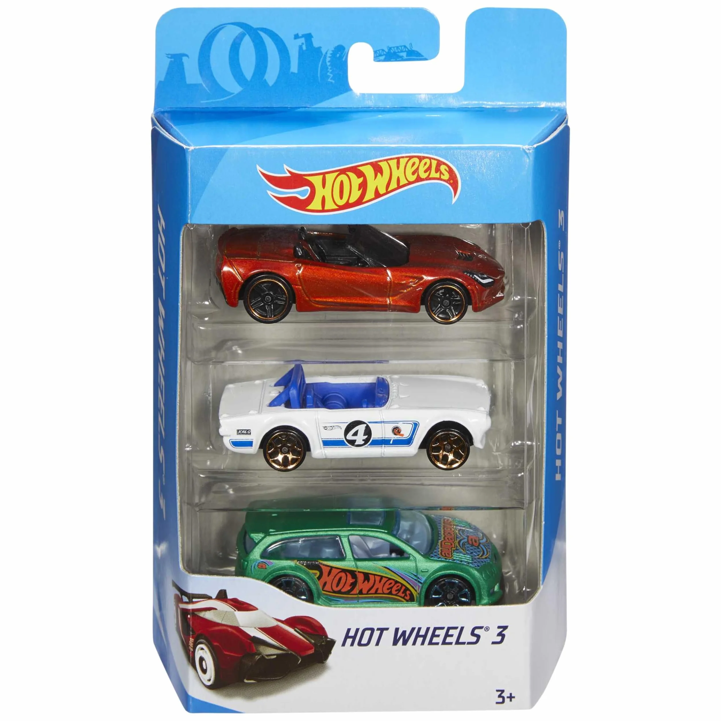 Hot Wheels Zestaw 3 samochodów (Jeden losowy zestaw z asortymentu), kolekcja pojazdów w skali 1:64 z obracającymi się kołami, sportowe i klasyczne auta, zabawka dla dzieci od 3 lat, K5904