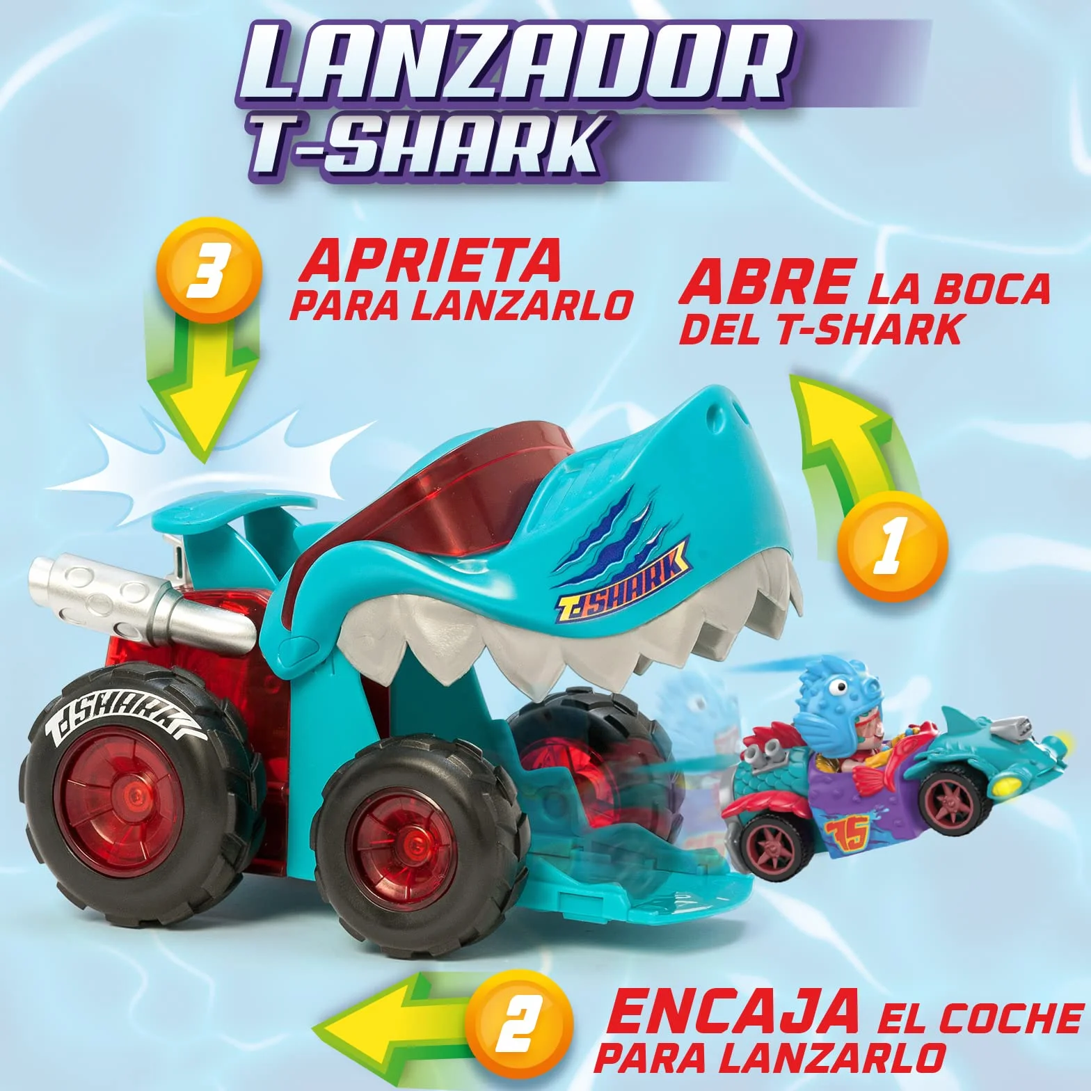 T-Racers Mega Wheels T-Shark, Wyrzutnia samochodów z 1 ekskluzywnym kierowcą i 1 ekskluzywnym pojazdem. Kompatybilny z innymi samochodami z serii T-Racers.