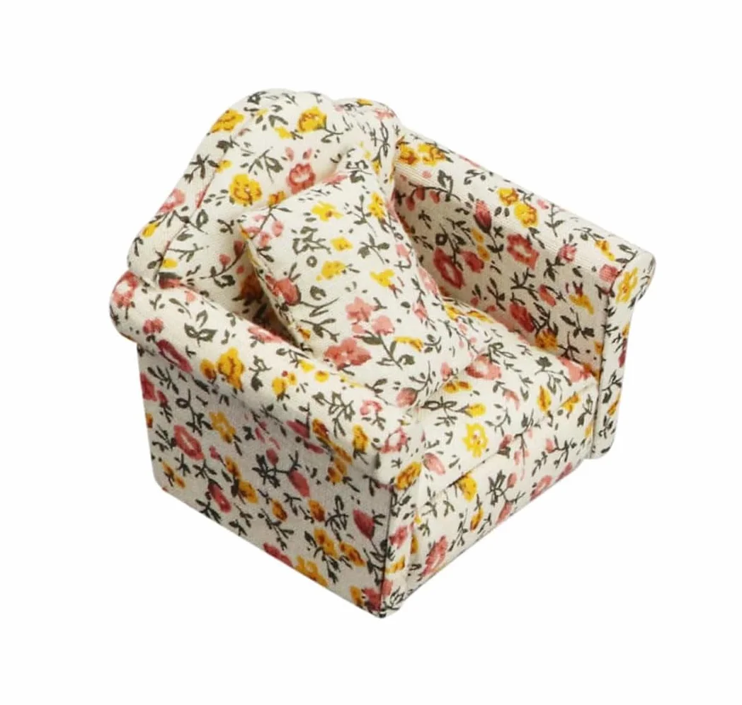 LATRAT Sofa do domku dla lalek, 1:12, miniaturowy mebel, model tkaniny, wzór kwiatowy, kanapa, fotel z poduszkami, akcesoria, wzór kwiatowy, zestaw mini mebli na sofę z poduszką pod plecy, żółte