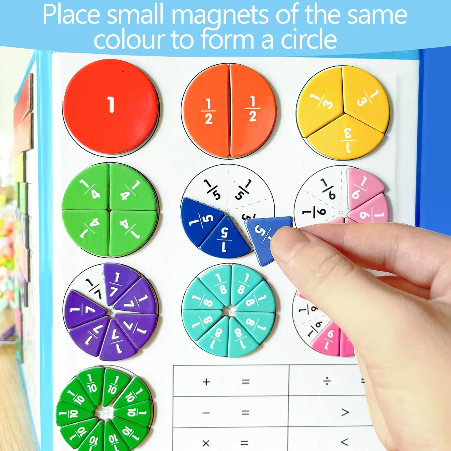 Materiał demonstrator krążków łamanych i magnetyczne puzzle frakcyjne dla dzieci, matematyka, szkoła podstawowa, magnetyczna