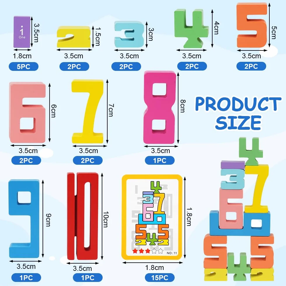 Ainiv Zabawki z Klockami Numerycznymi dla Dzieci, Drewniane Klocki z Liczbami od 1 do 10, Cyfrowe Klocki Montessori, Wczesne Gry Matematyczne dla Przedszkolaków (20 Klocków, 15 Kart)