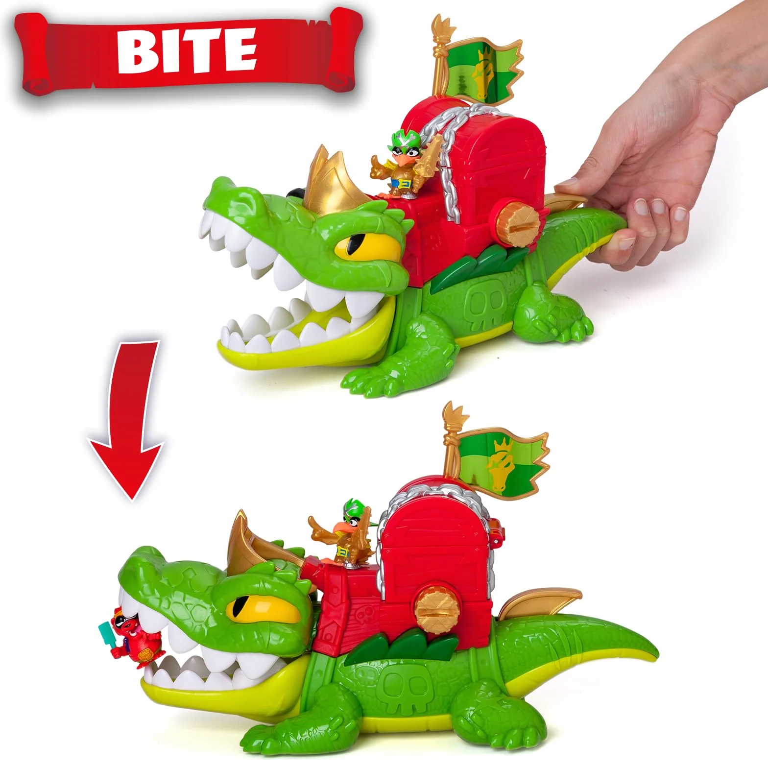 PIRATIX King Croc – krokodyl z ruchomą paszczą do chwytania Piratixów ze skrzynią na skarby. Zawartość:1 krokodyl, 1 extra moneta, 2 dodatkowe złote monety,1 ekskluzywny Piratixa i 1 akcesorium.