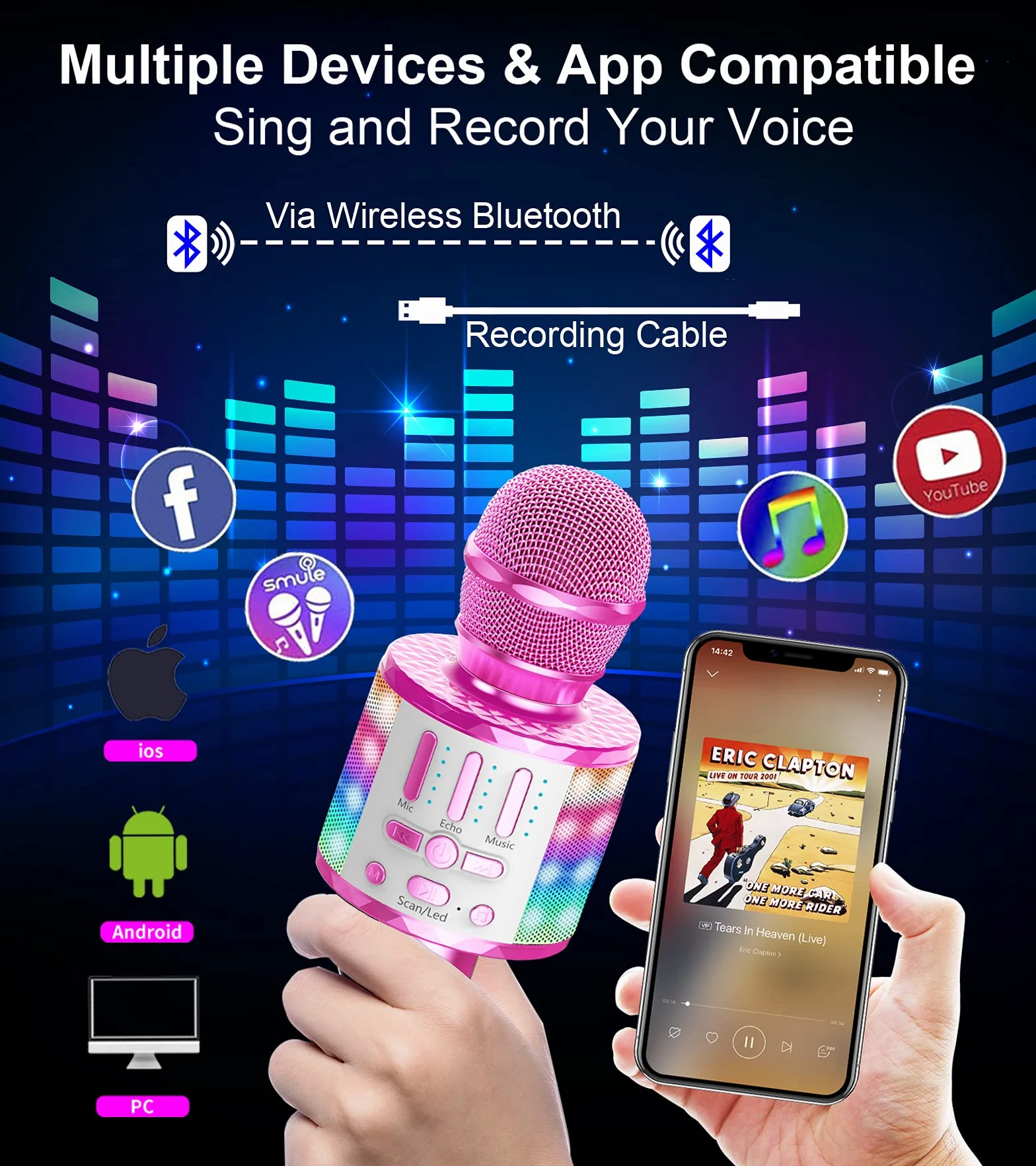 Mikrofon do karaoke, bezprzewodowy mikrofon Bluetooth dla dzieci z diodami LED, przenośna maszyna do karaoke do śpiewania, zabawka dla dziewczynek i chłopców, mikrofon karaoke, prezenty