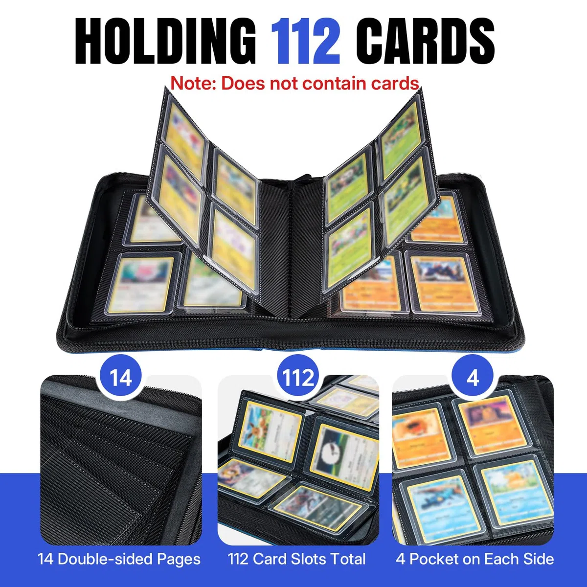Toploader album na karty, 4 kieszenie z 112 przegródkami na karty kolekcjonerskie z 10 toploaderem, książka, uchwyt na karty Toploader 3"x4", Magic, YuGi Oh, MTG-niebieski