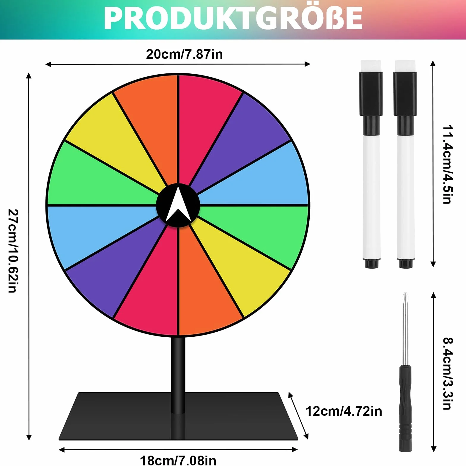 Koło szczęścia do obracania, 20 cm, wielokrotnego użytku, 12 kółek do spinningu, do samodzielnego ozdobienia, z markerem i zdejmowanym stojakiem, na imprezę targową, karnawał