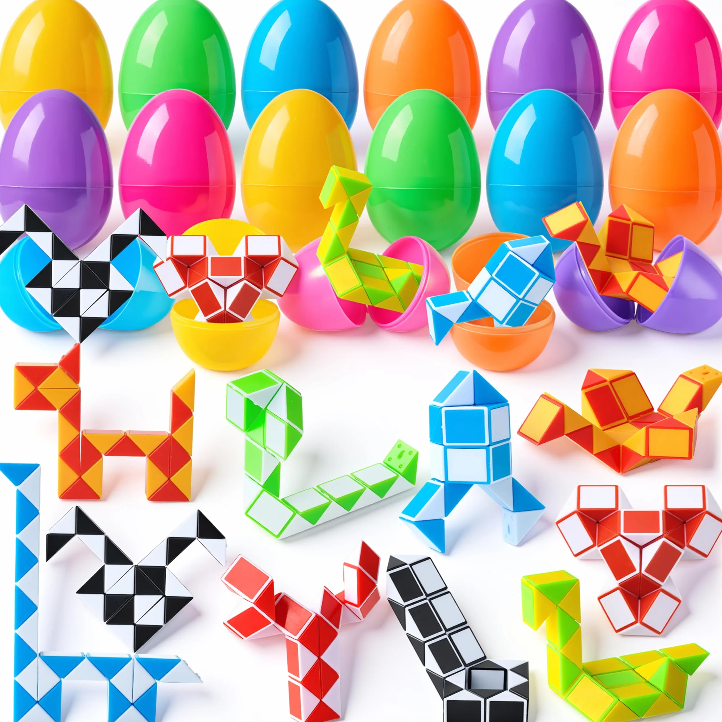 JOYIN 12 sztuk jajek wielkanocnych wstępnie wypełnionych mini wężem kostka skręt puzzle zabawki wąż prędkość kostka fidget dla dzieci