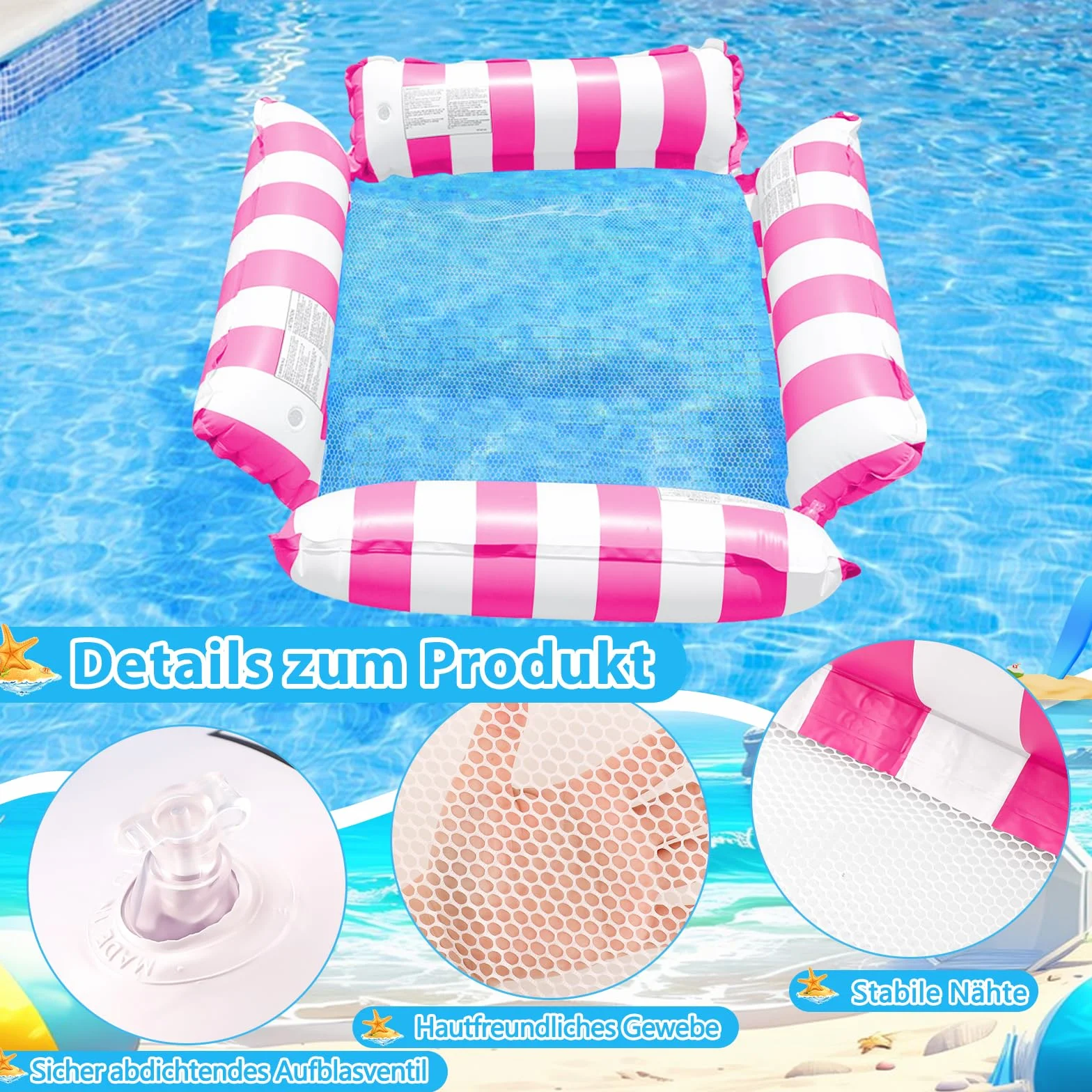 Nadmuchiwany pływak basenowy, hamak wodny z siatką, nadmuchiwane hamaki do basenów, 4 w 1, krzesło, materac dmuchany, plaża, basen, leżak dla dorosłych, 2 szt
