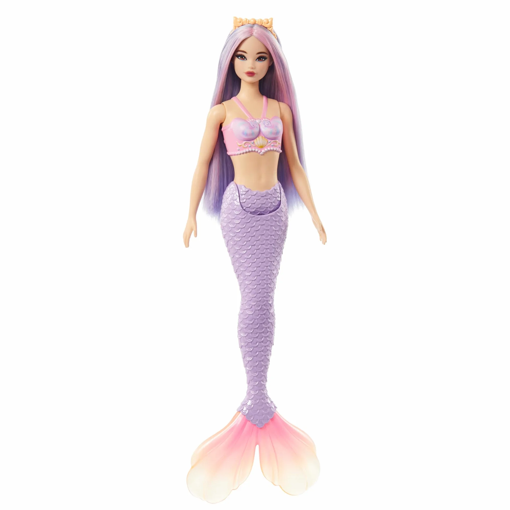 Barbie Syrenka podstawowa Lalka z długimi fioletowymi włosami, opaską do włosów, muszelkowym topem i lawendowym ogonem, HRR06