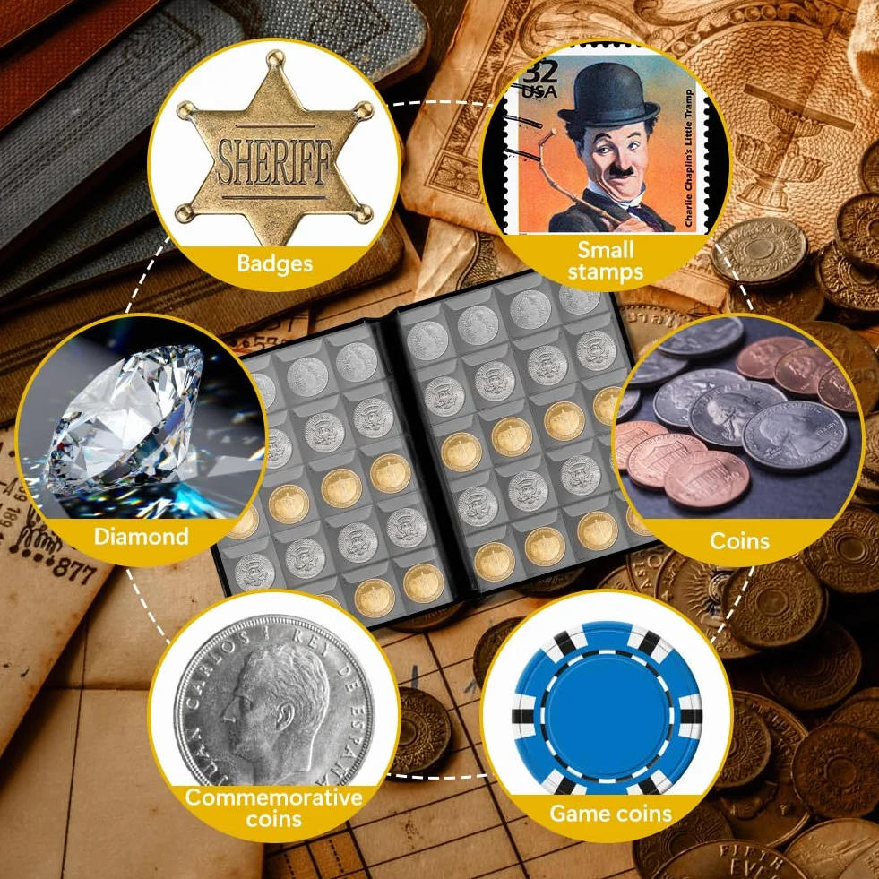 Vicloon Album kolekcjonerski na monety, 200 kieszeni, 2 euro, uniwersalny album na monety 3,5 x 4 cm, przezroczysty album kolekcjonerski na monety, znaczki pocztowe, medale, odznaki