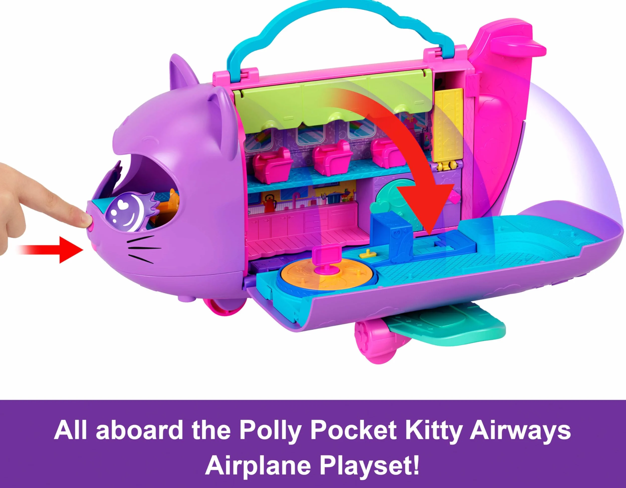 Polly Pocket Kotolot Zestaw samolot z 2 mikrolalkami, figurką zwierzątka, miejscem do przechowywania i akcesoriami, przenośna zabawka dla dzieci, HWP19