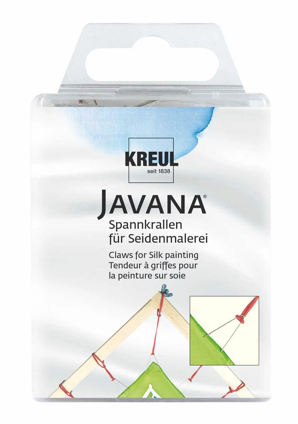 KREUL 810024 - Pazurki napinające Javana do malowania na jedwabiu, z gumowymi pierścieniami do mocowania, 24 szt.