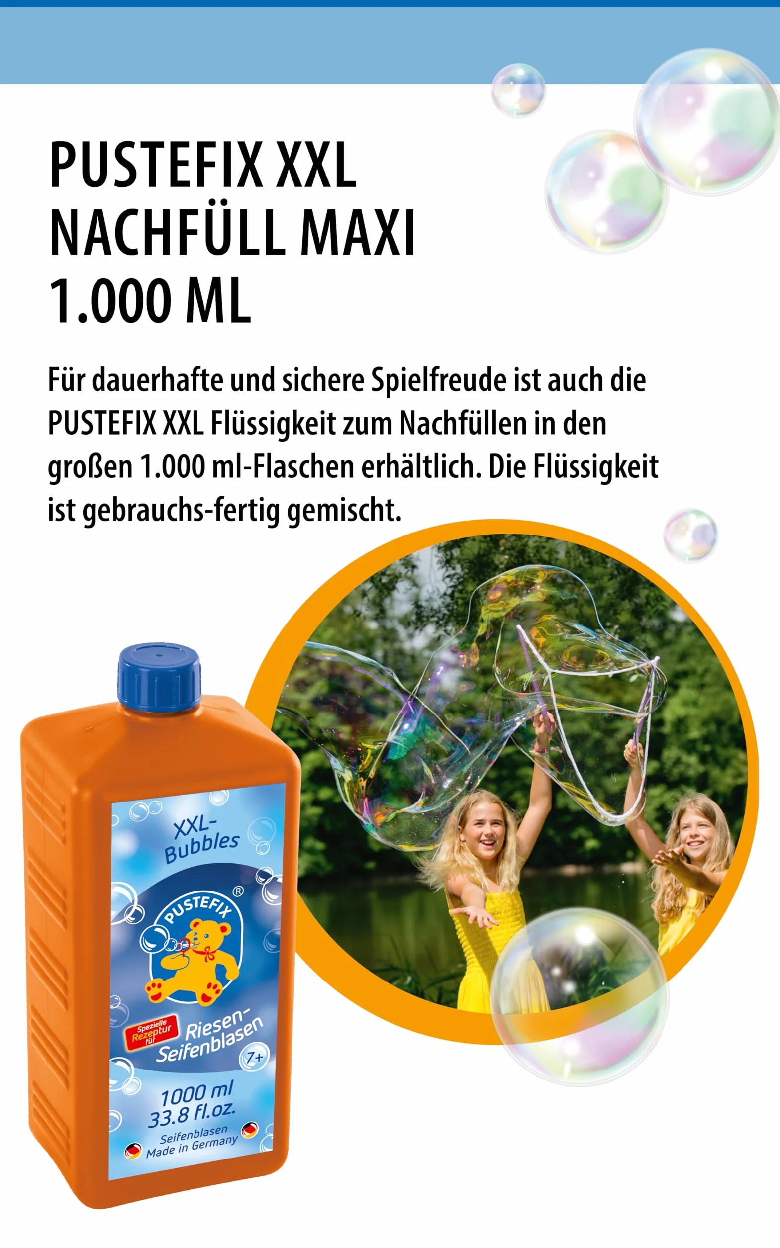 PUSTEFIX 420869872 XXL-Bubbles butelka uzupełniająca Maxi, 1000 ml wody do robienia baniek mydlanych bańki mydlane na wesele, urodziny dziecka, wieczór, ogromne bańki mydlane dla dzieci i dorosłych