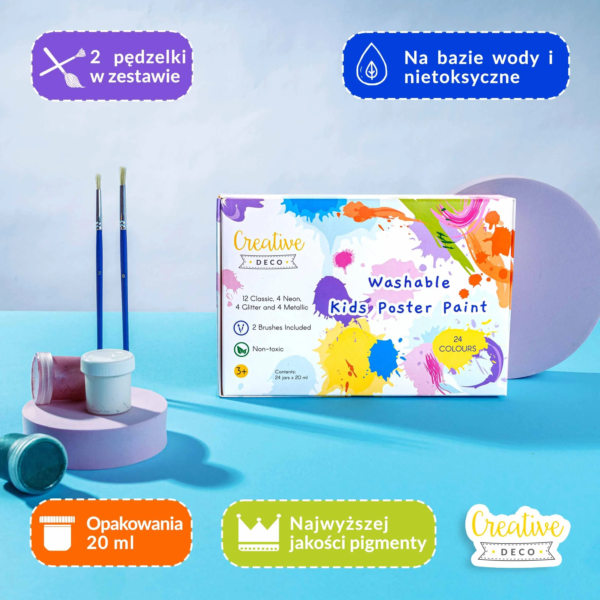 Creative Deco Zestaw Farb Plakatowych | 20 ml x 24 Kolorów | Nietoksyczne | Podstawowe, Neonowe, Brokatowe, Metaliczne i Intensywne Kolory | Idealne dla Dzieci, Studentów, Artystów, Pasjonatów Sztuki